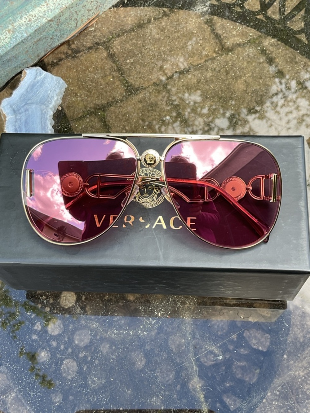 Versace Red Gold Aviator Sunglasses